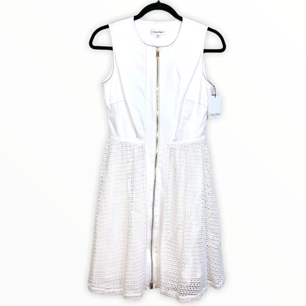 Calvin Klein NEW Eyelet Zipper Front Fit Flare Sleeveless Dress White Gold US 2